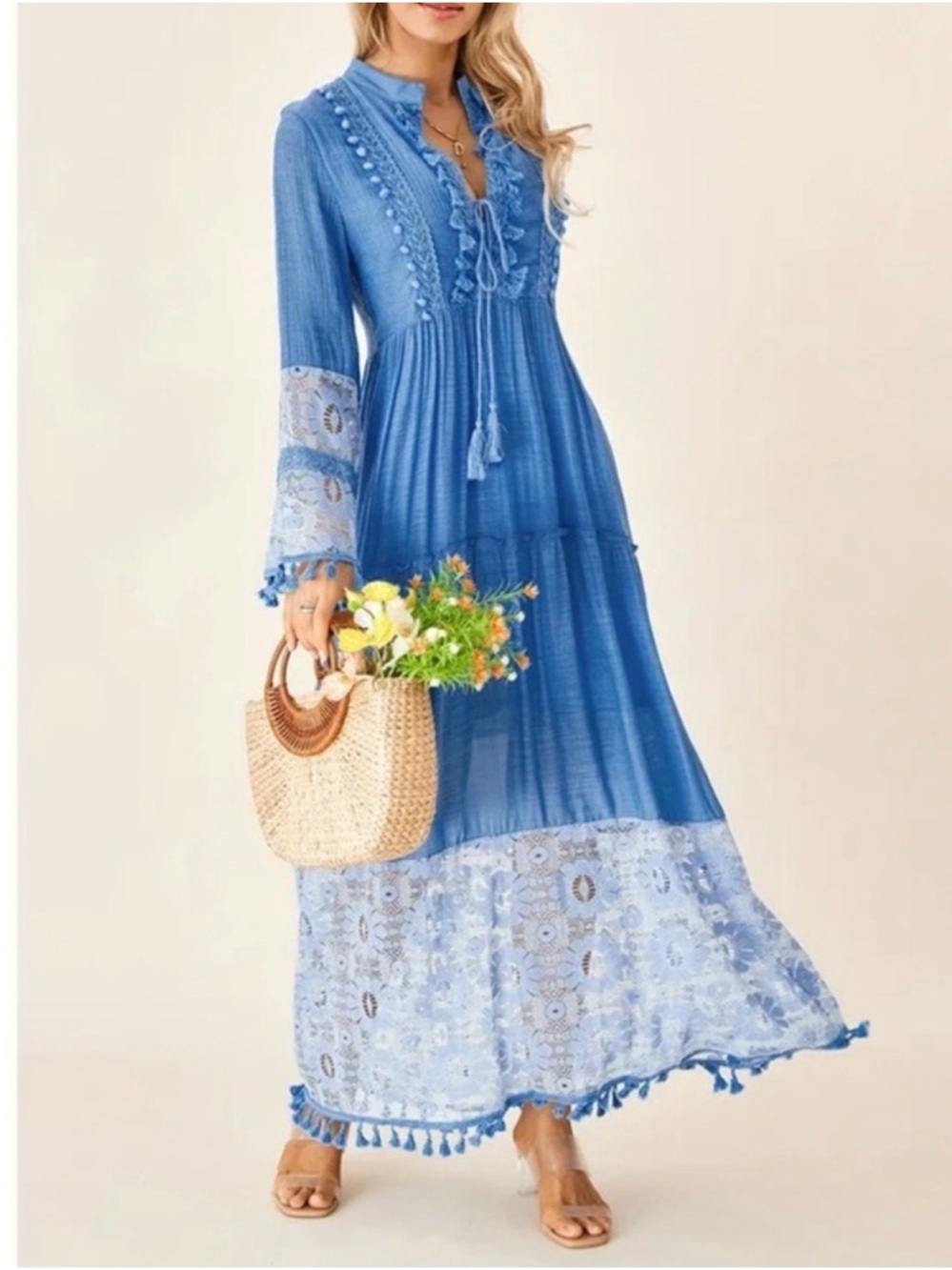 Women's Blue Boho Lace-Trim Maxi Dress